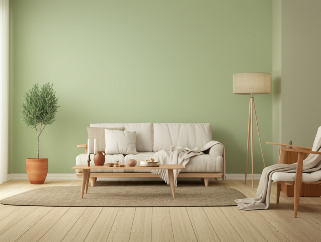 Minimalistyczny salon z farbą wapienną Soft White - wariant 2